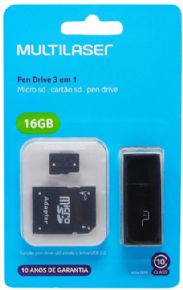 7980 - Cartão de Memória Multilaser MicroSD 16GB com Adaptador SD e Leitor USB (3 em 1) MC112