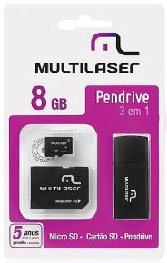 6427 - Cartão de Memória Multilaser MicroSD 8GB com Adaptador SD e Leitor USB (3 em 1) MC058